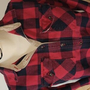 ROOTS Buffalo Check Plaid Flannel Button Front Shirt, Tan Elbow Patches Sz M